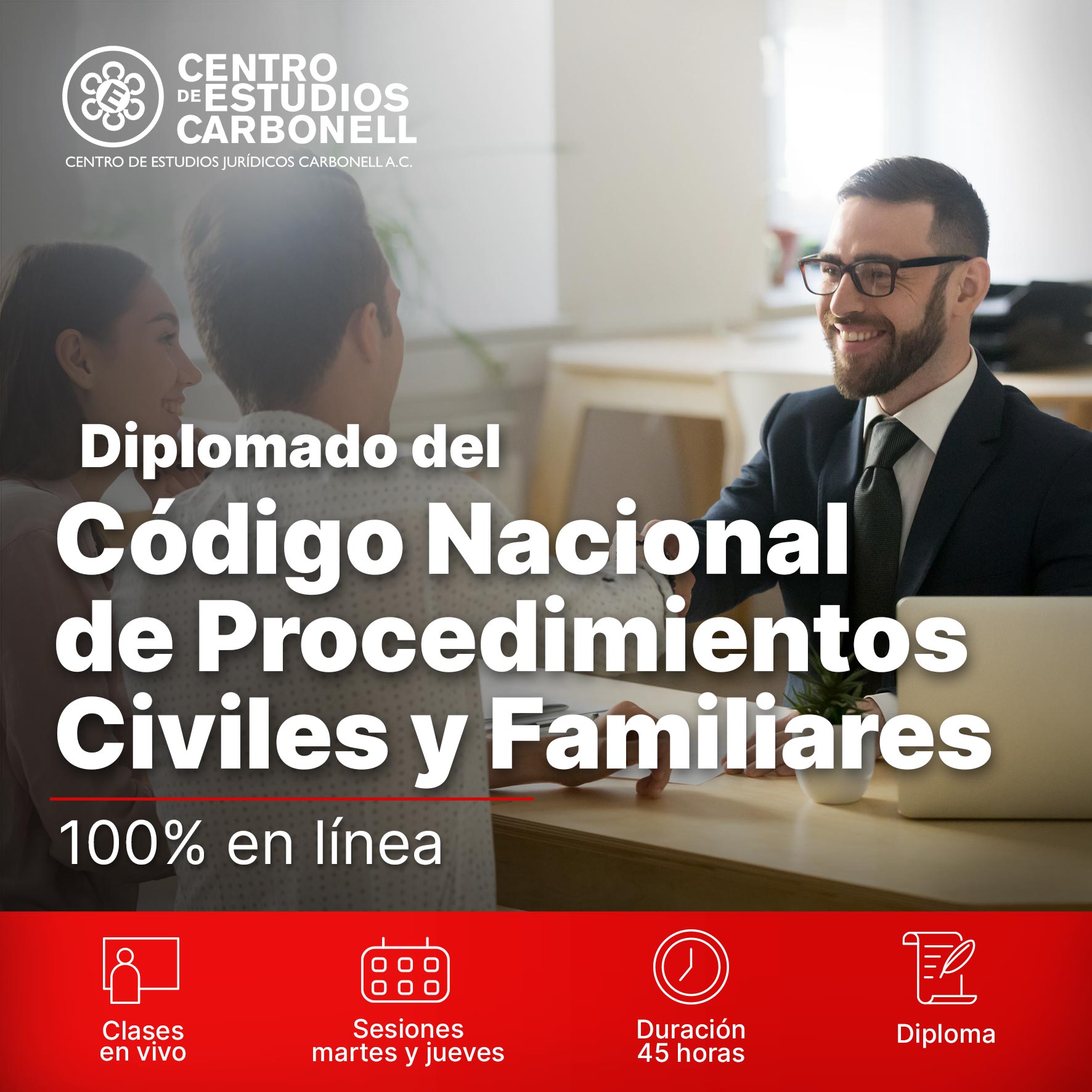 Imagen que promociona la especialidad en Código Nacional de Procedimientos Civiles y Familiares, mostrando a dos hombres en un entorno de trabajo colaborativo, revisando documentos sobre una mesa.