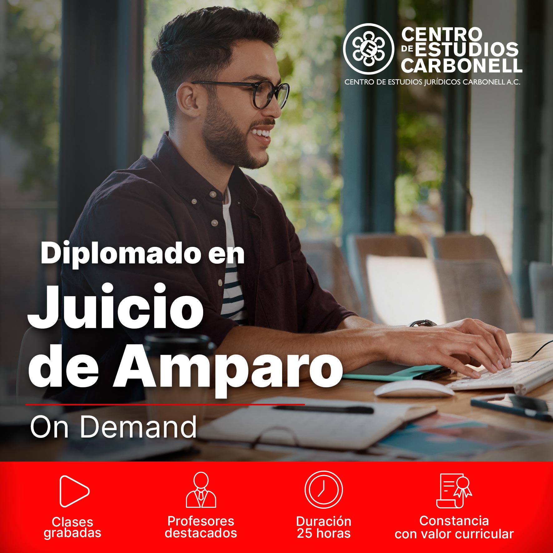 Imagen promocional para la Maestría en Argumentación Jurídica del Centro de Estudios Carbonell, mostrando a una mujer y un hombre conversando en un entorno profesional.