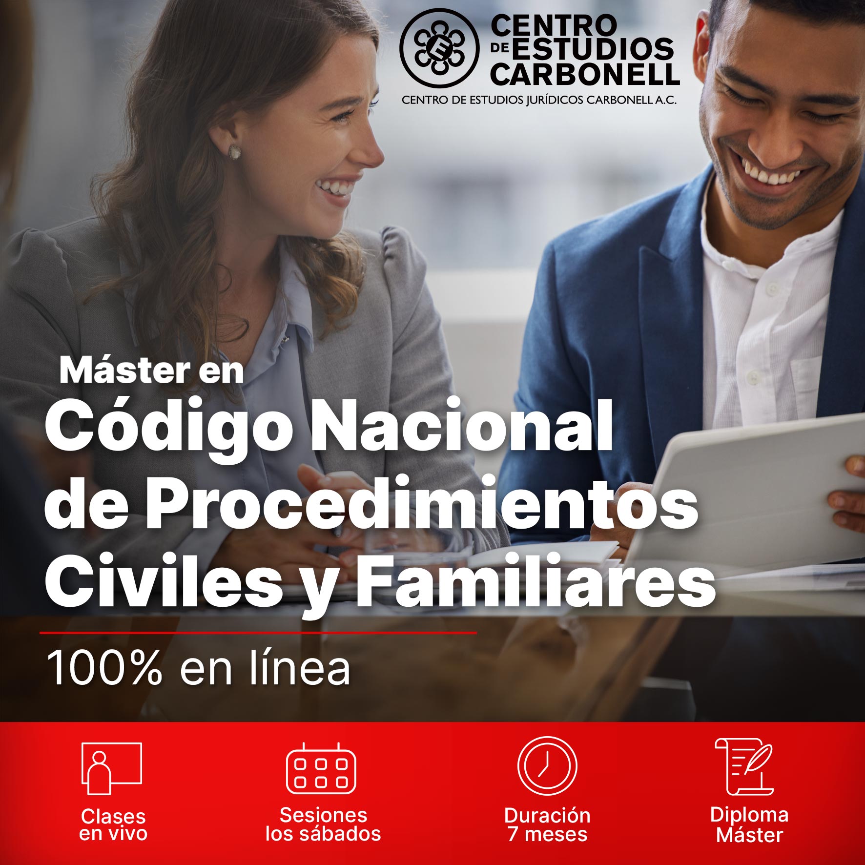 Promotional image for a master's program in the National Code of Civil and Family Procedures, featuring two smiling participants engaged in discussion.