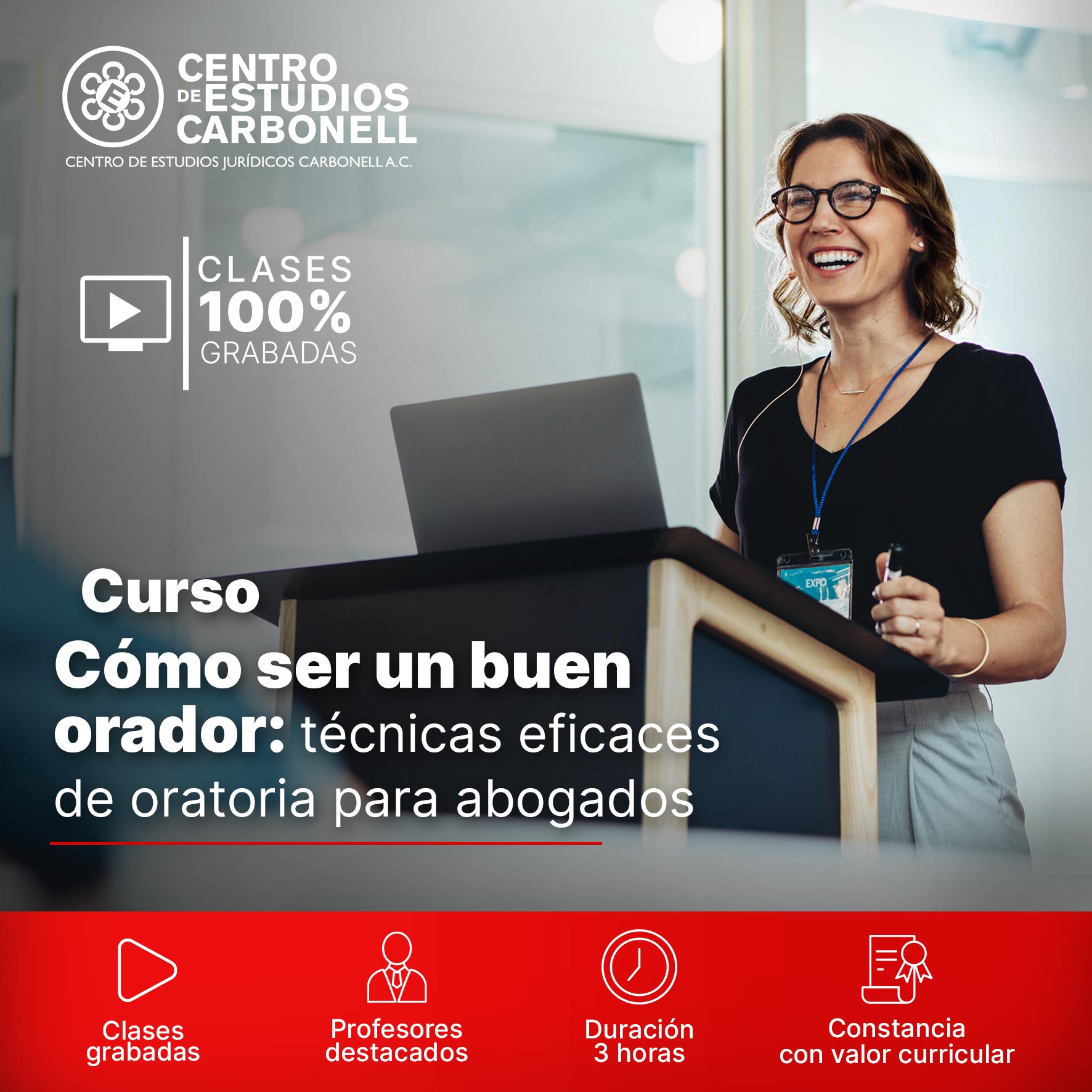 Una instructora sonriente presenta un curso titulado 'Cómo ser un buen orador' en un ambiente profesional, con material didáctico visible.