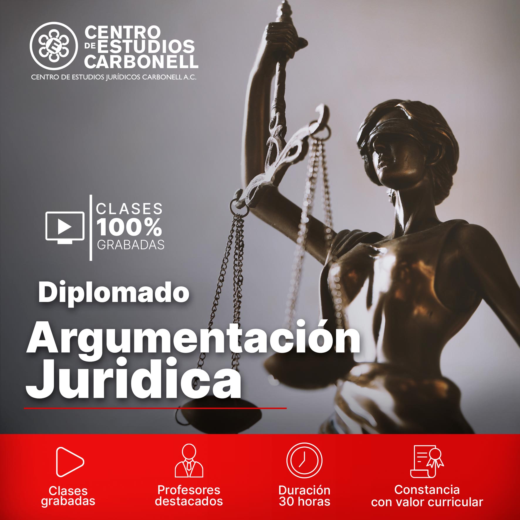 Imagen de una figura de la diosa de la justicia sosteniendo balanzas, con texto informativo sobre un diplomado en argumentación jurídica, incluyendo fecha de inicio, duración y modalidad.