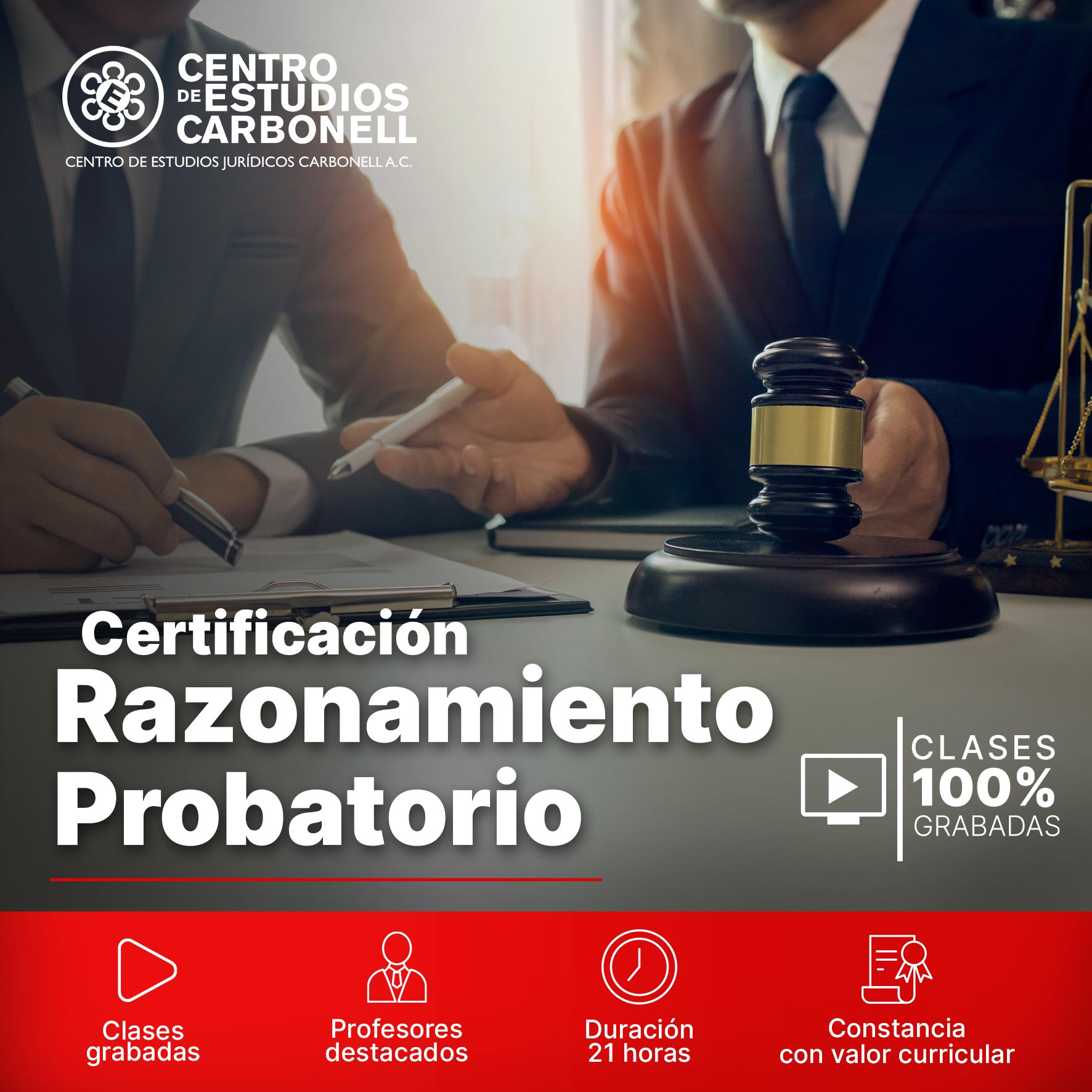 Imágen promocional del curso 'Criminología aplicada y protocolos de actuación' organizado por el Centro de Estudios Jurídicos Carbonell, mostrando un fondo de un escritorio con documentos, fotografías y un monitor.