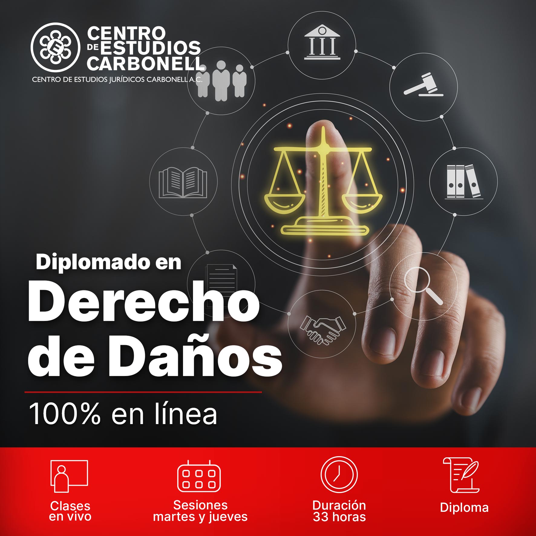 Imagen promocional del curso de especialización en Derecho de Daños, mostrando a una mujer sonriendo mientras sostiene una tablet, con texto informativo sobre la certificación y detalles del curso.
