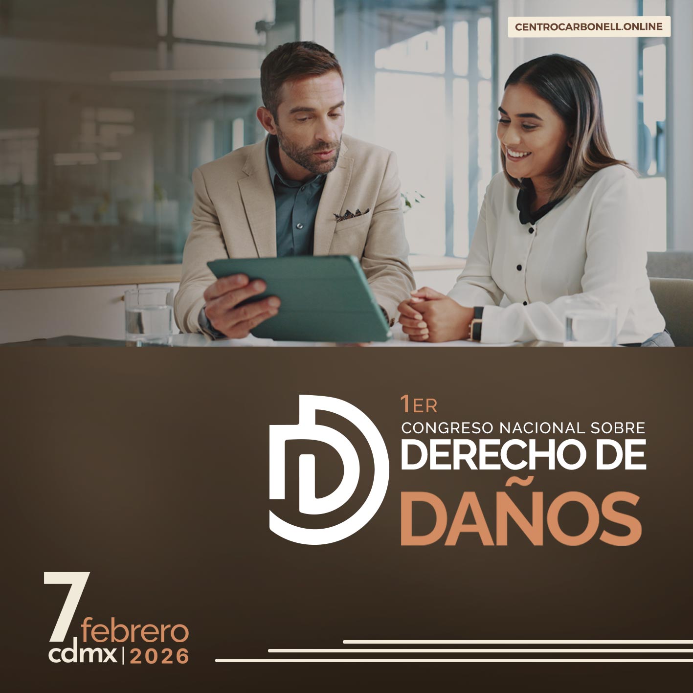 Anuncio del 5to Congreso Nacional de Derecho Laboral, programado para el 04 de octubre de 2025 en CDMX, con dos personas trabajando juntas en una mesa, analizando gráficos y documentos.