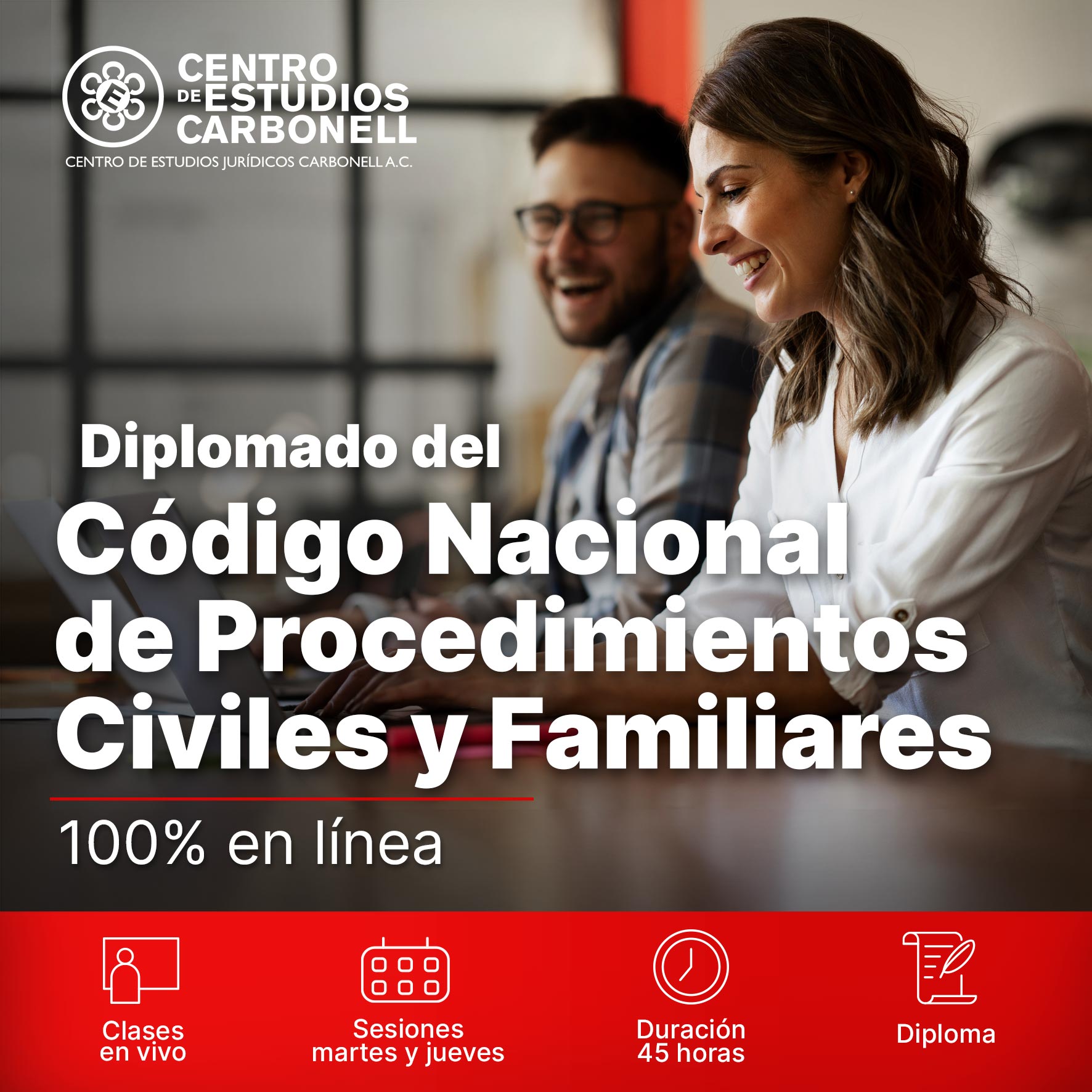 Imagen promocional del Centro de Estudios Carbonell, destacando la Certificación en Capacitación para Personas Facilitadoras en Justicia Restaurativa, con información sobre clases en línea, horarios y duración.