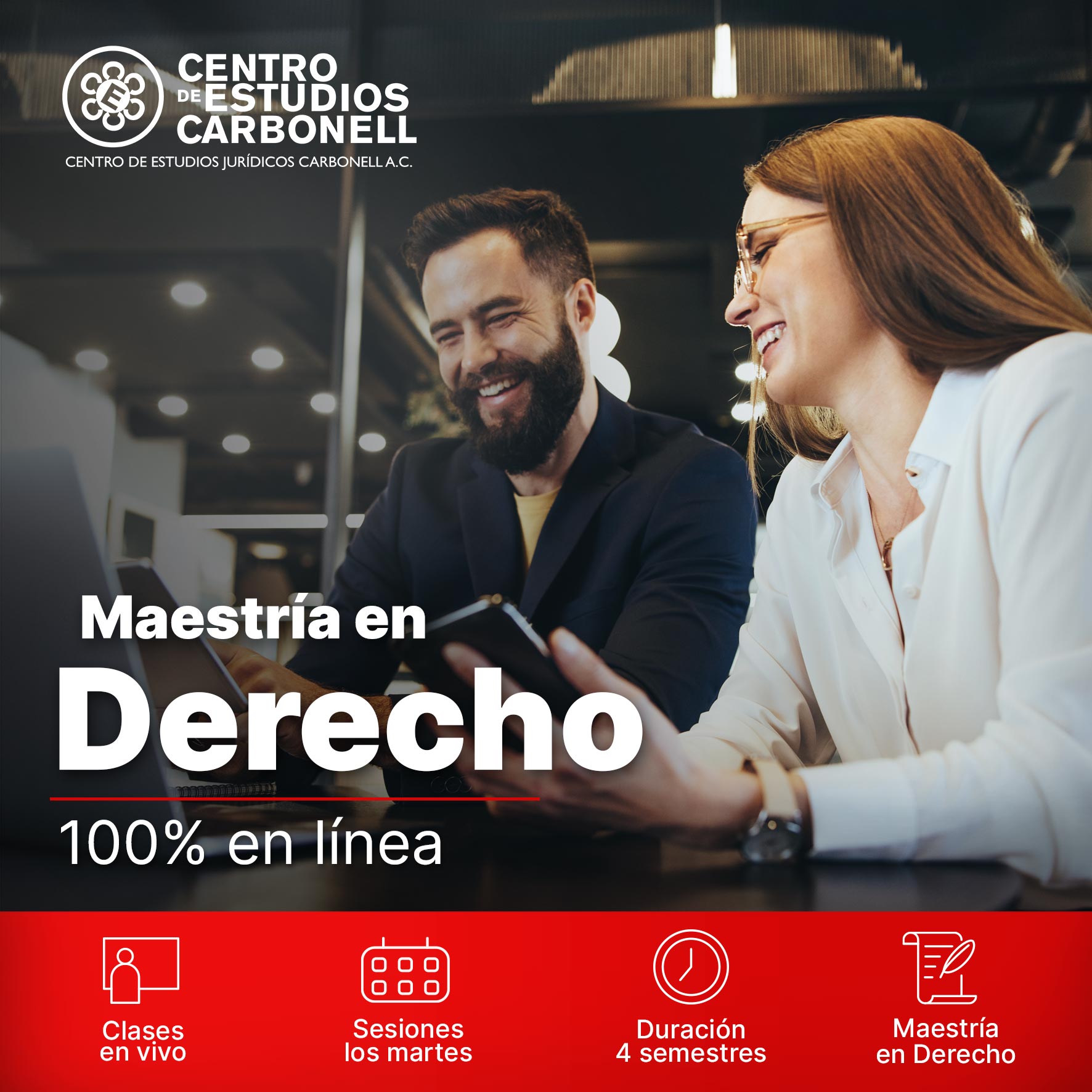 Imagen promocional del 1er Congreso Nacional sobre Razonamiento Probatorio, con una pareja de profesionales sonriendo y revisando documentos en una oficina. Fecha: 30 de mayo de 2026, CDMX.