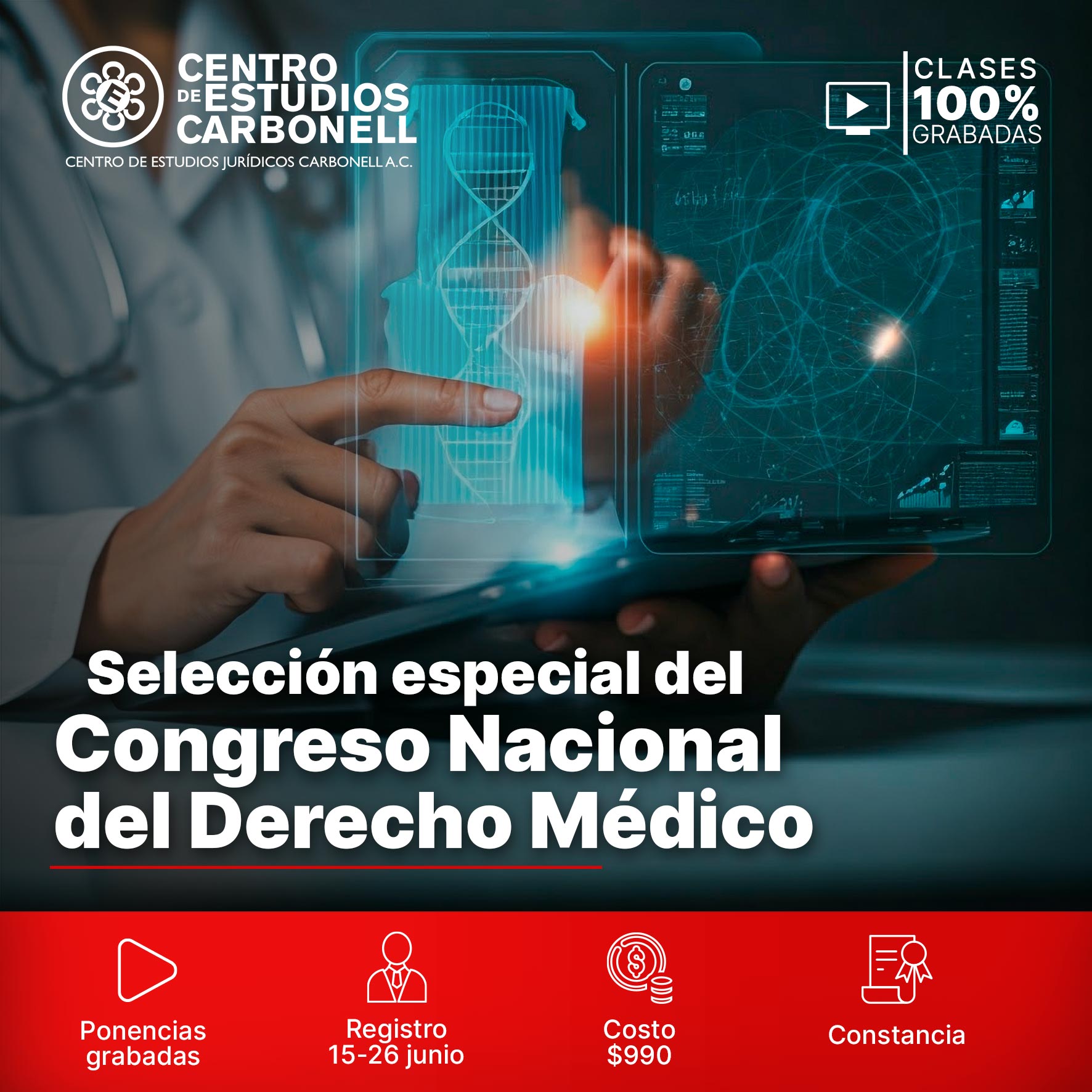 Anuncio del 2do Congreso Nacional de Derecho Médico, con fecha y lugar en CDMX, con imágenes de un médico y una mujer de negocios estrechando manos.
