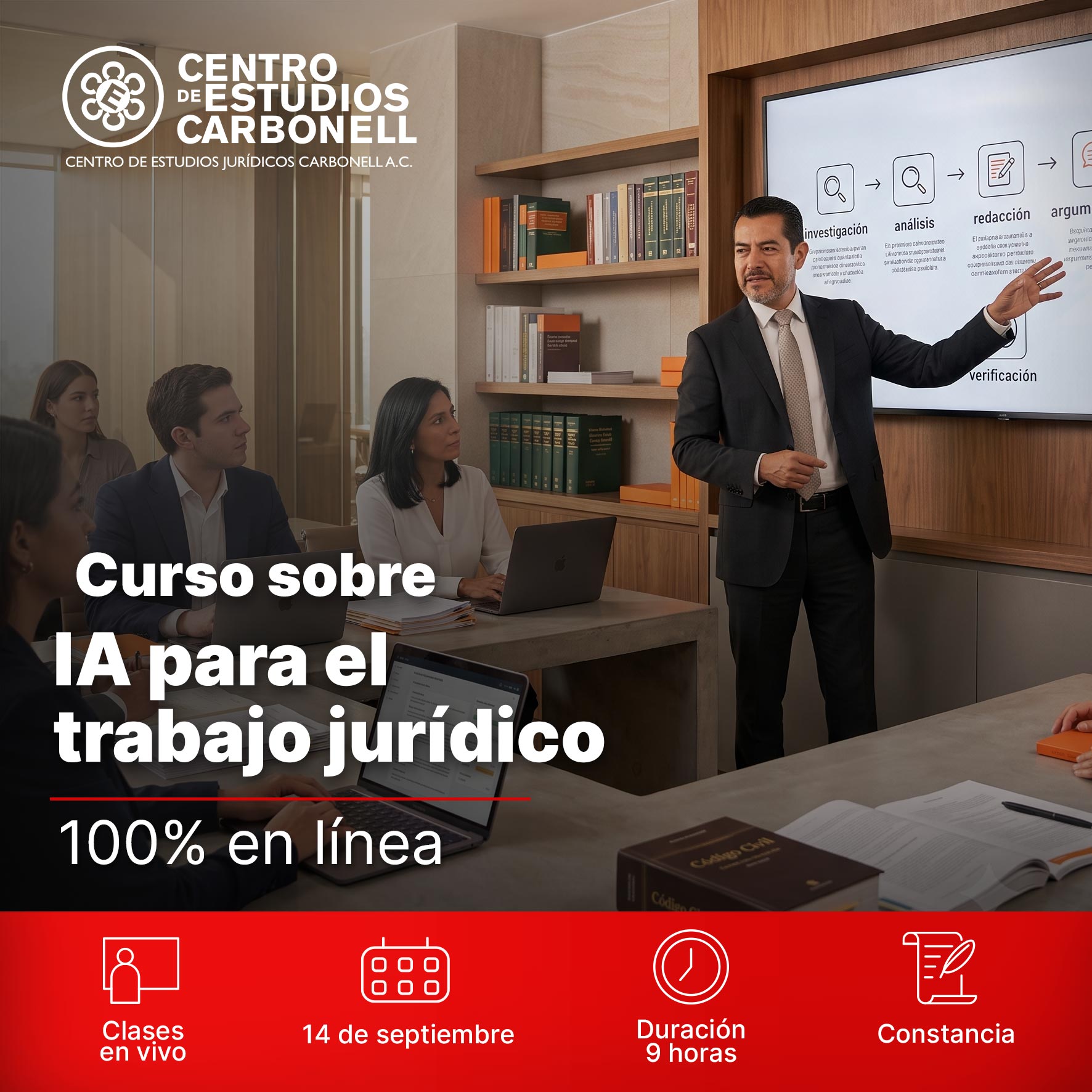 Imagen que muestra un curso sobre inteligencia artificial para el trabajo jurídico, con un instructor presentando en una pantalla y un grupo de estudiantes atentos en un entorno de aula.