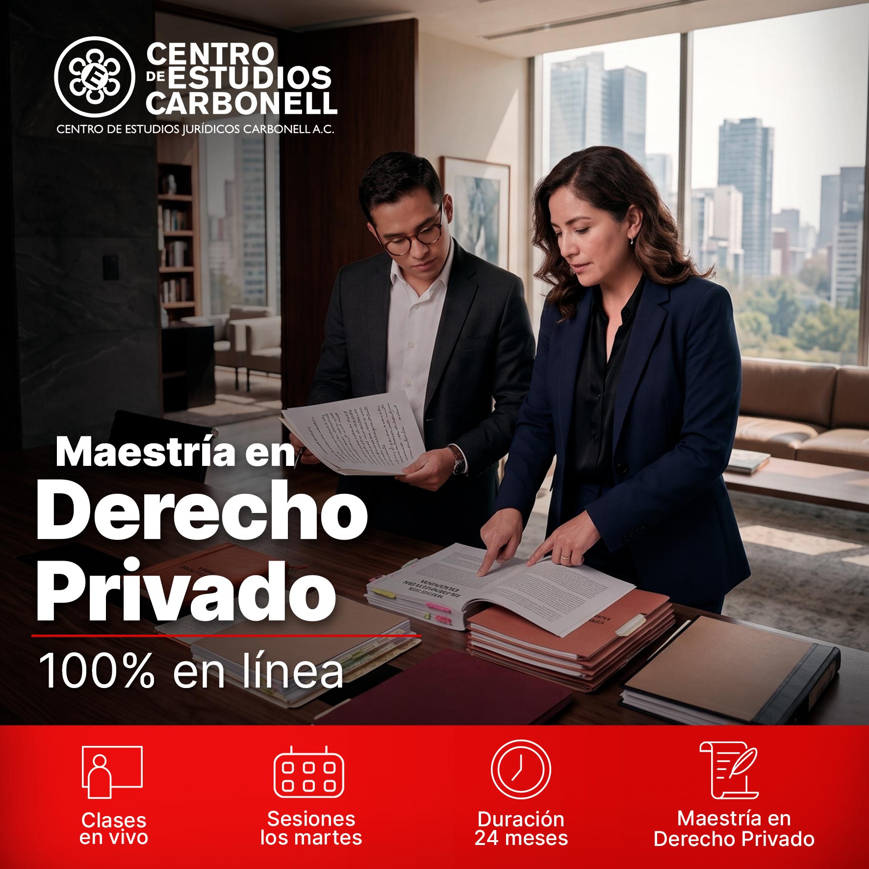 Dos personas revisando documentos en un entorno de oficina moderna, promoviendo una maestría en Derecho Privado 100% en línea.